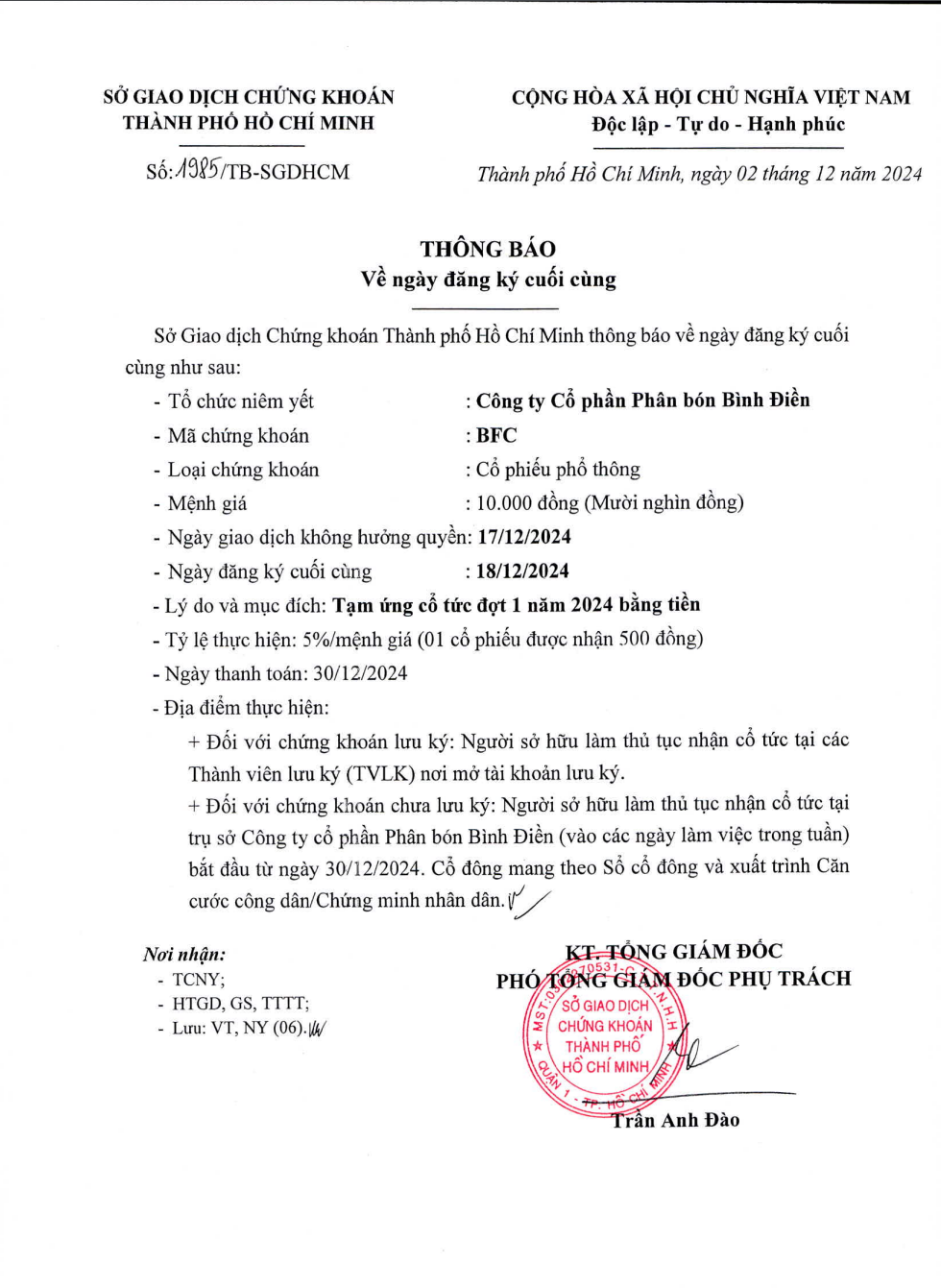 BFC thông báo chia cổ tức bằng tiền mặt với tỷ lệ 20%